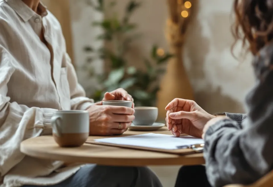 Two people talking over coffee at a small table